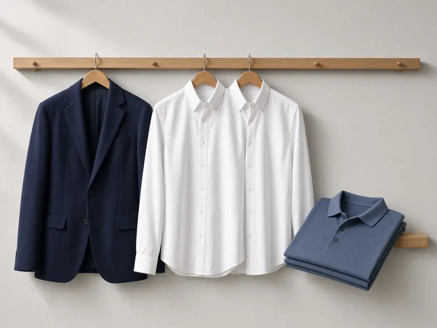 Blazer azul marino, camisas blancas y un polo de uniforme corporativo