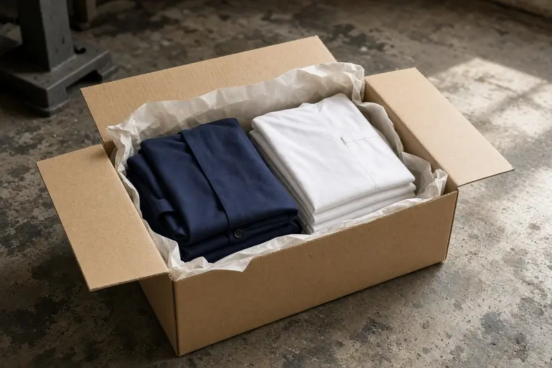 Caja con uniformes azul marino y blancos doblados, listos para enviar