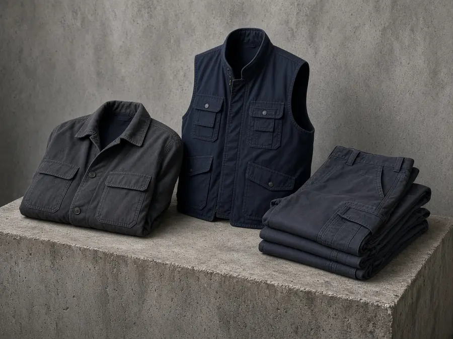 Casaca, chaleco con bolsillos y pantalón de trabajo sobre concreto