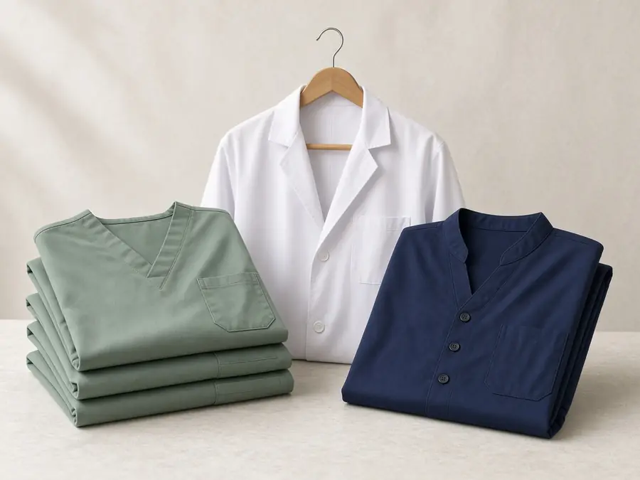 Pijamas quirúrgicos verde y azul junto a una bata blanca