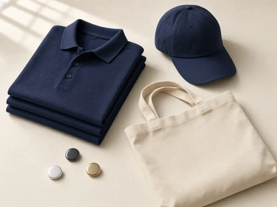 Polos azul marino, gorra y bolsa de lona sin estampar