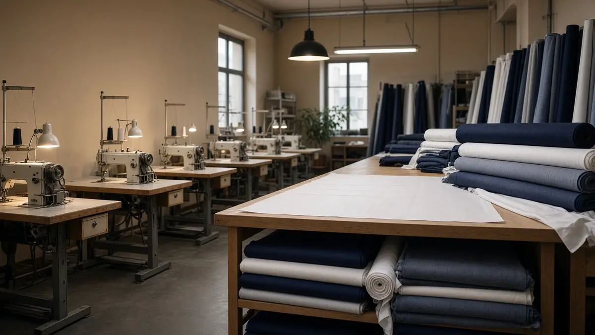 Taller de confección con máquinas de coser y rollos de tela azul